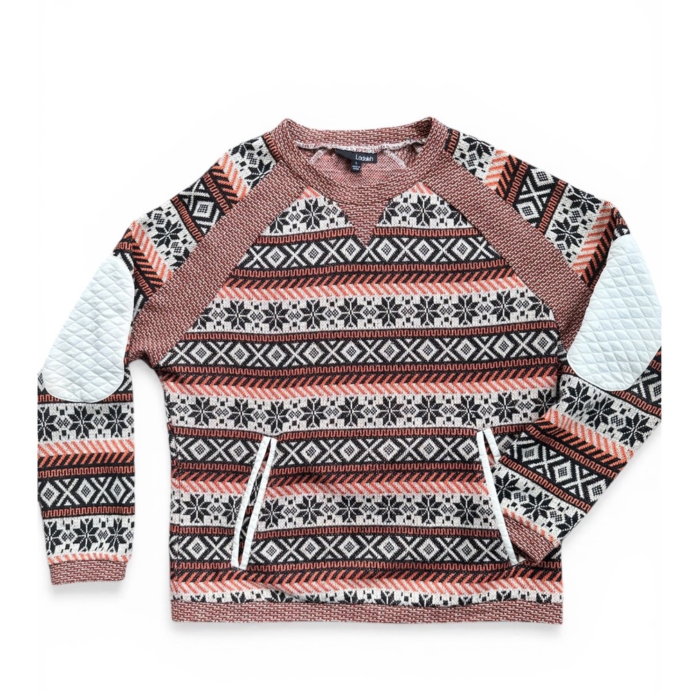 Ladakh Fair Isle Sweater Wmn L Rust Multi Excellent Quilted Elbow‎ Patch Pockets
